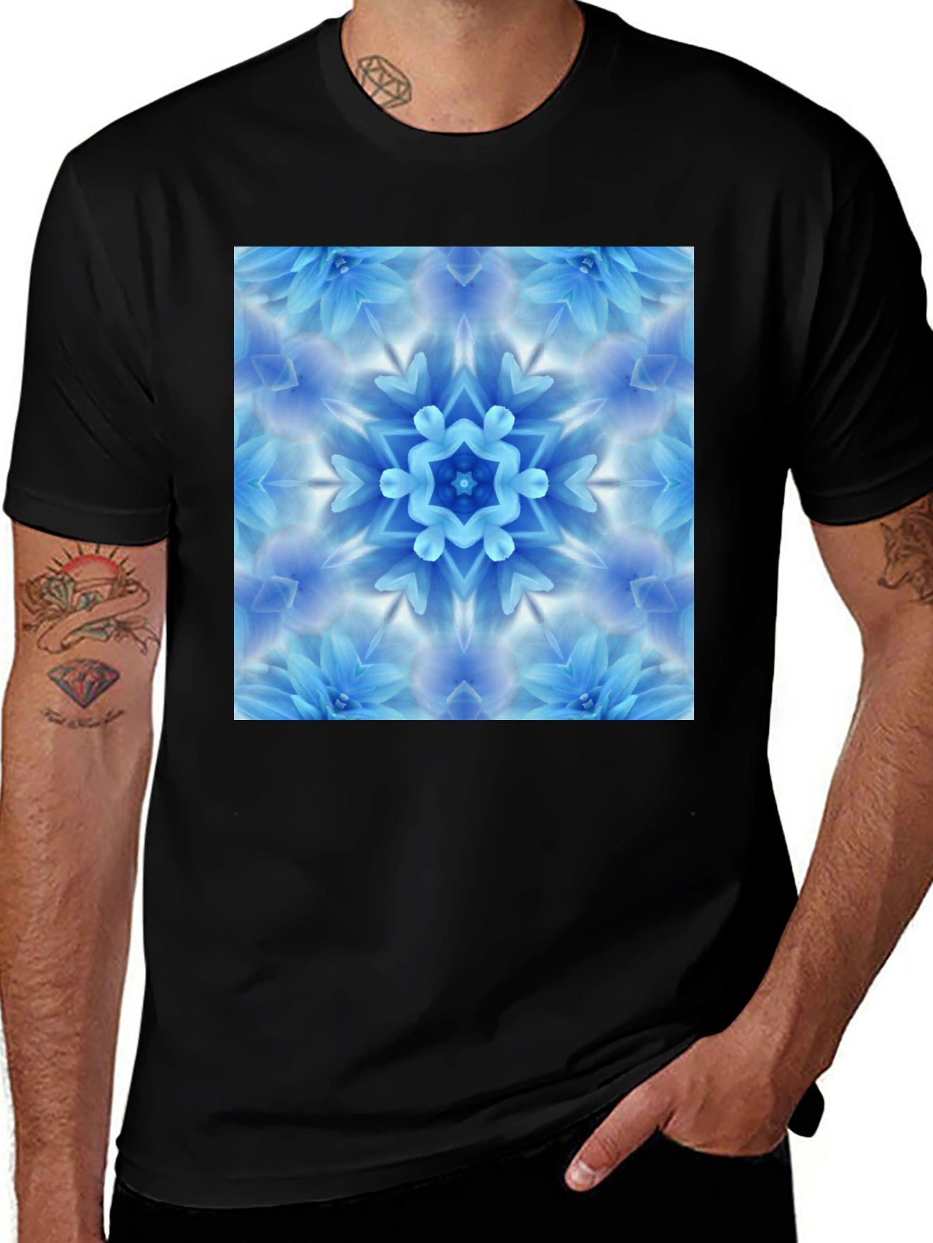 Black Tee with Blue Flower Mandala Graphic