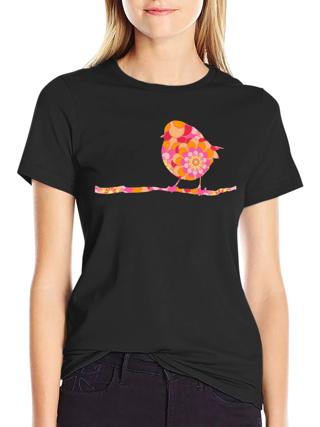 Retro Bird Graphic Tee - Black Cotton Blend Shirt