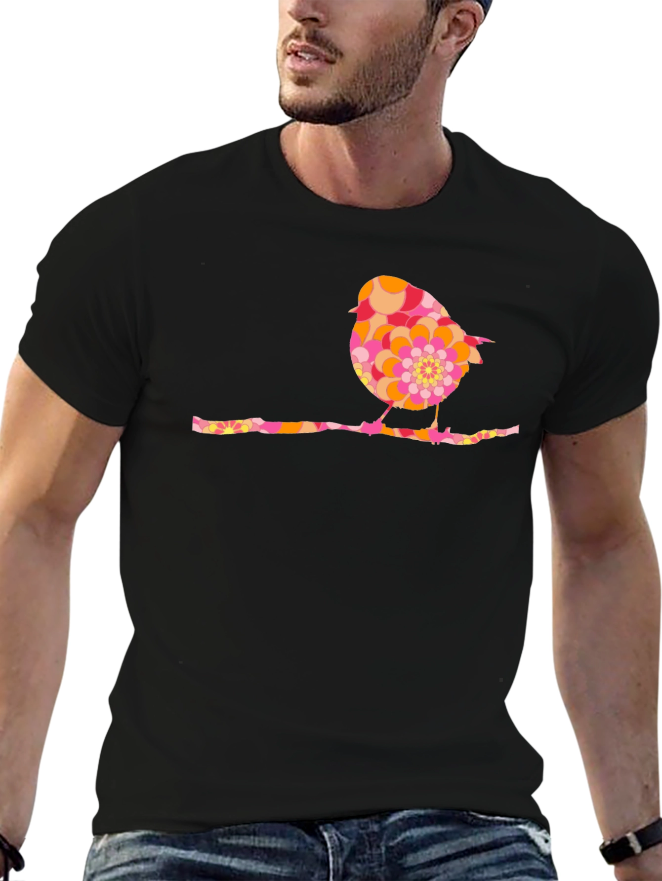 Retro Bird Graphic Tee - Black Cotton Blend Shirt