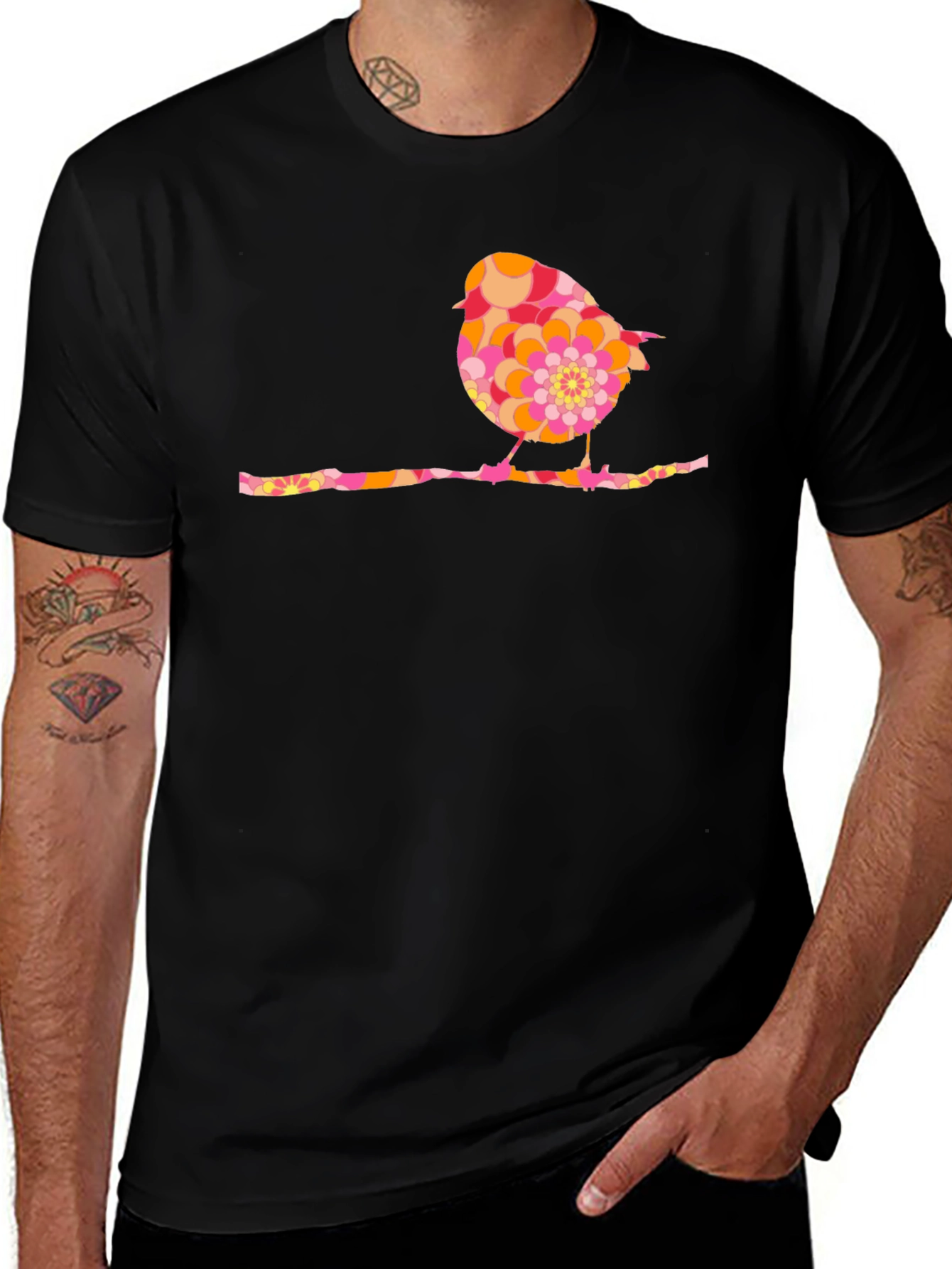 Retro Bird Graphic Tee - Black Cotton Blend Shirt