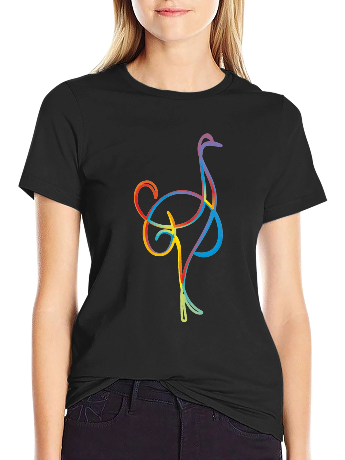 Ostrich Line Art Graphic Tee - Black Casual T-Shirt