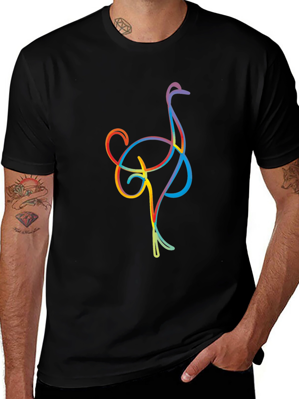 Ostrich Line Art Graphic Tee - Black Casual T-Shirt