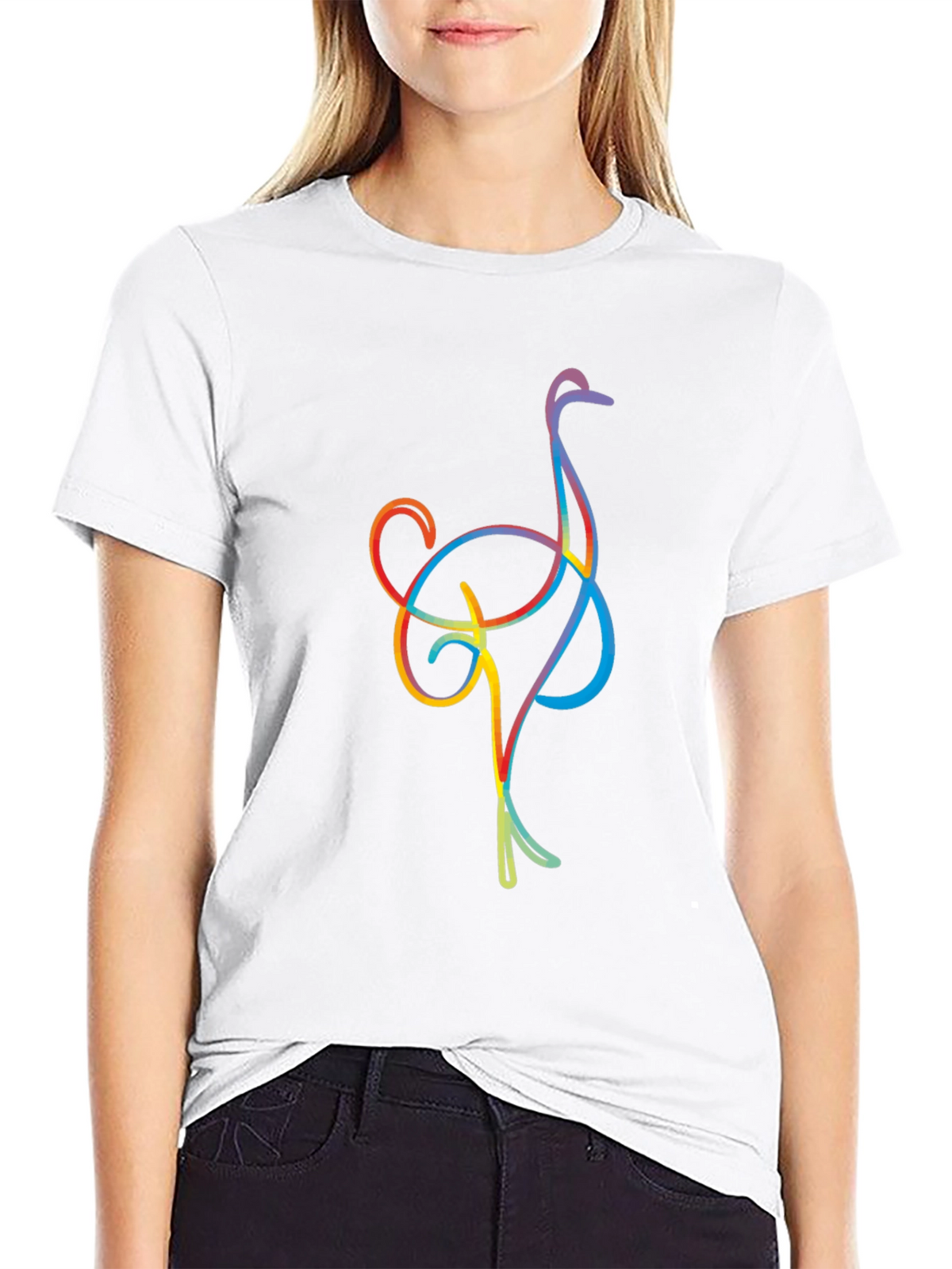 Ostrich Line Art Graphic Tee - Black Casual T-Shirt