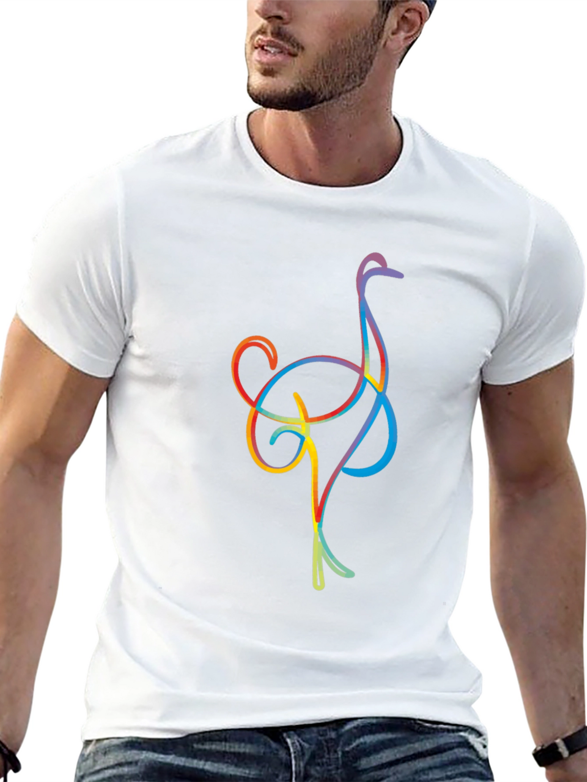 Ostrich Line Art Graphic Tee - Black Casual T-Shirt