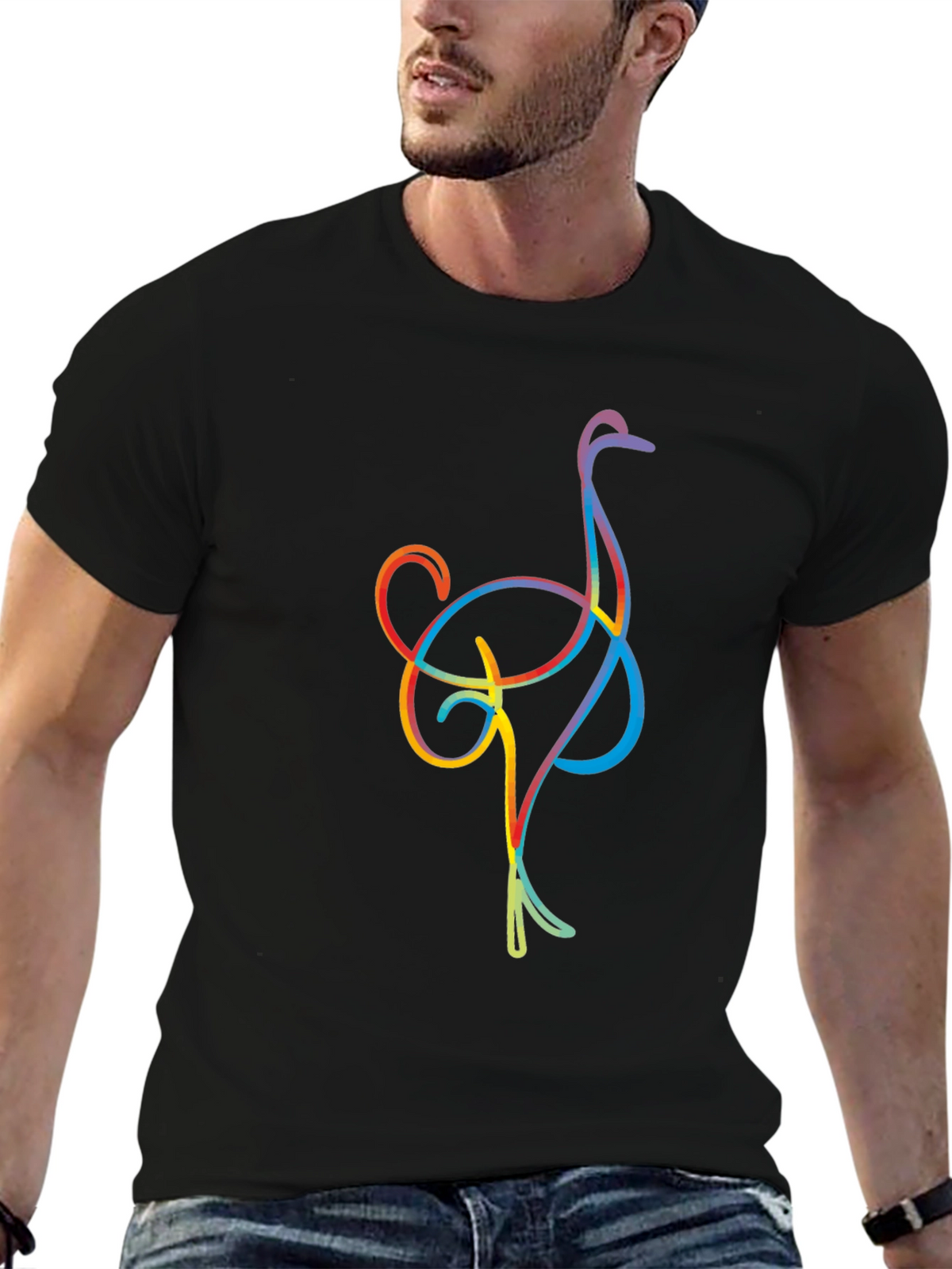 Ostrich Line Art Graphic Tee - Black Casual T-Shirt