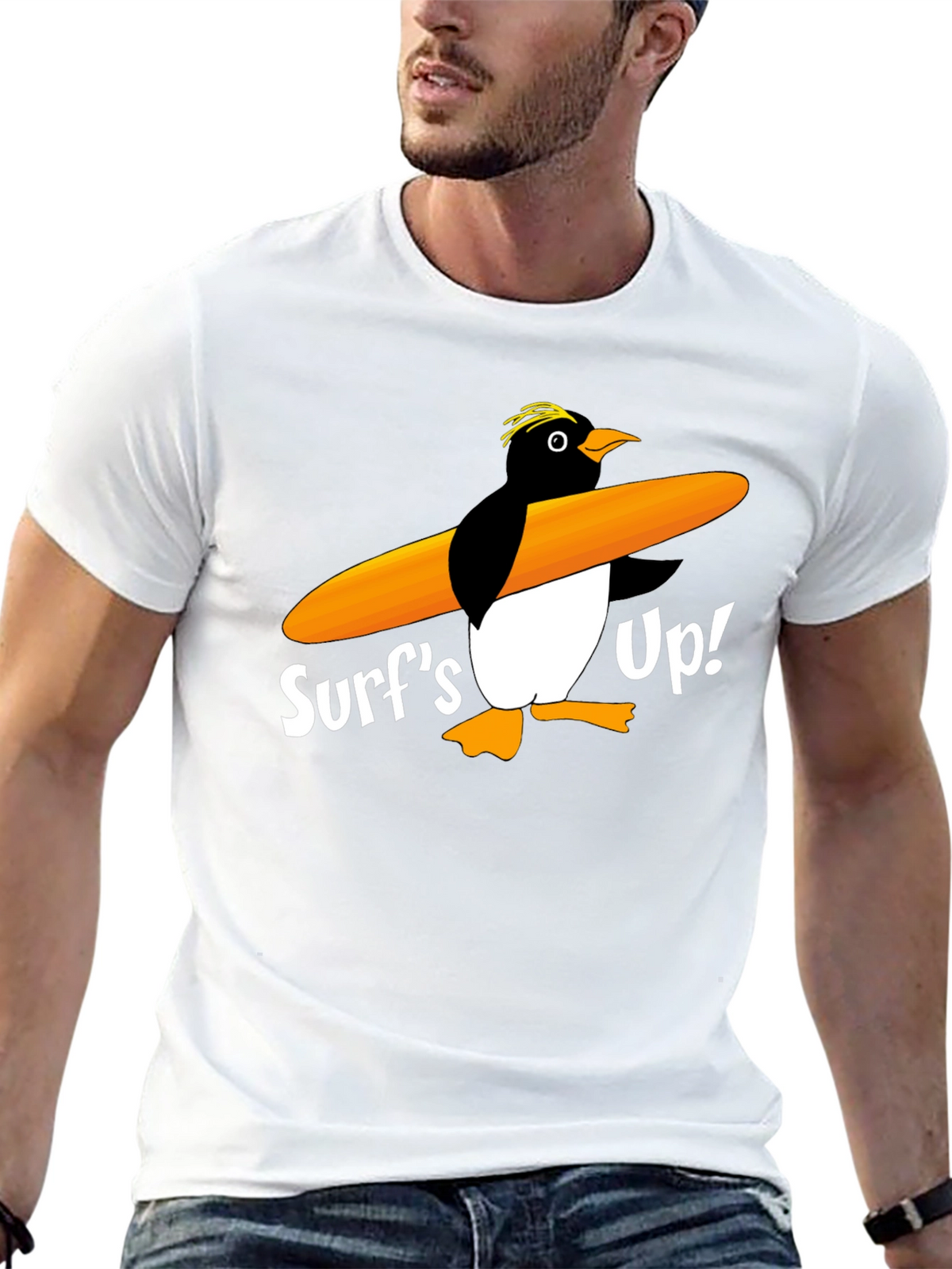 Surfs Up Penguin Graphic Tee - Black Cotton T-Shirt
