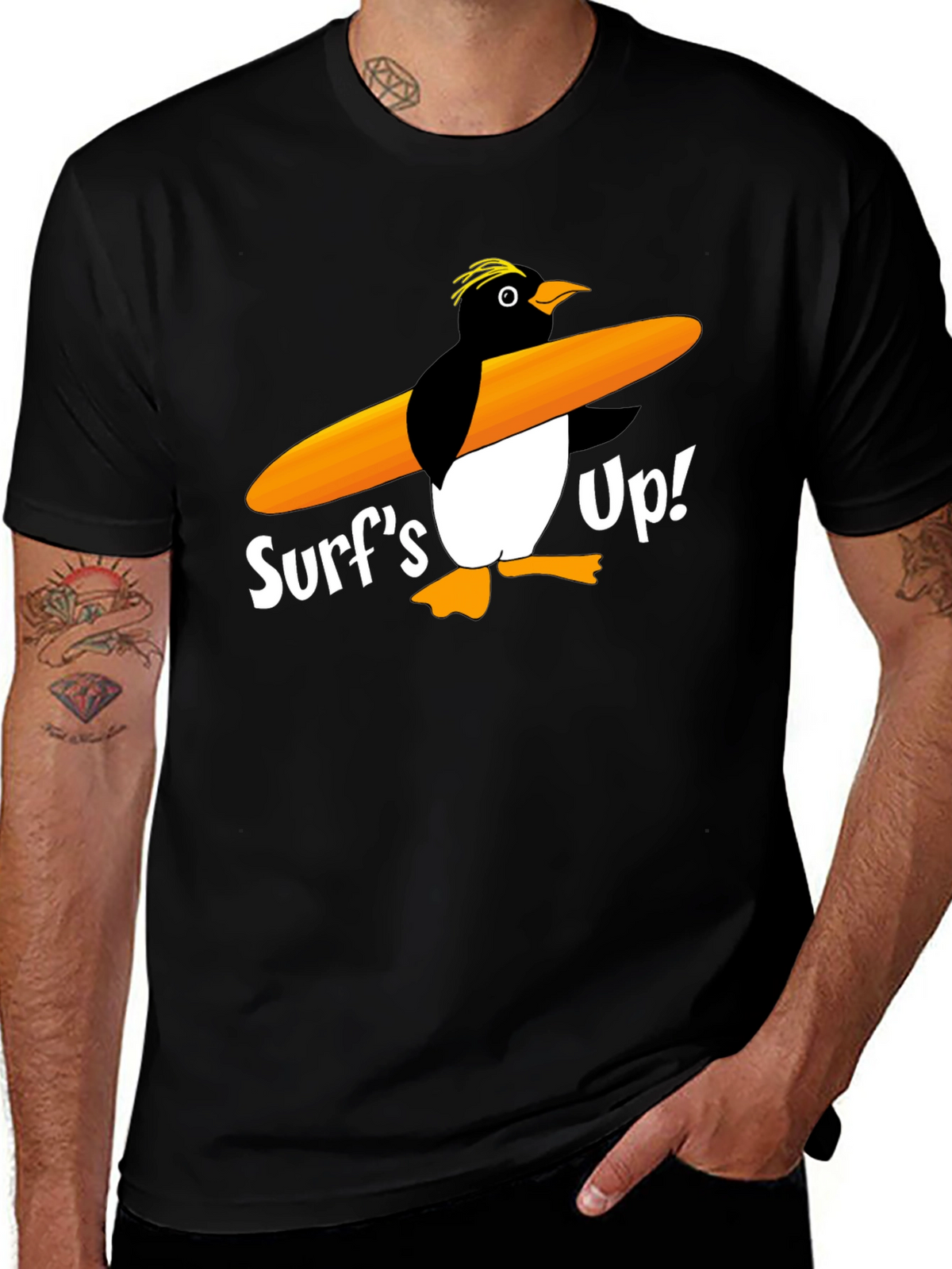 Surfs Up Penguin Graphic Tee - Black Cotton T-Shirt