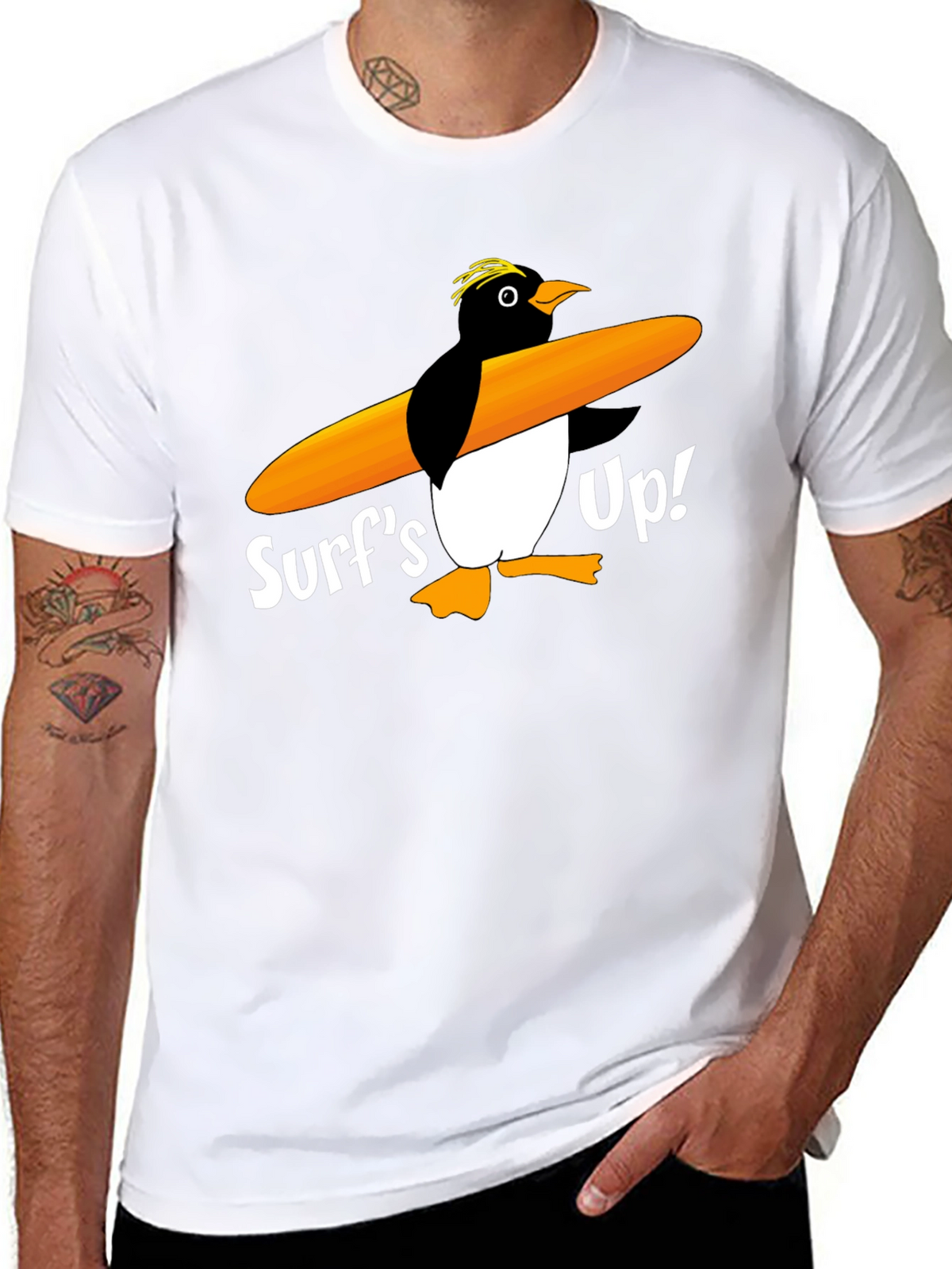 Surfs Up Penguin Graphic Tee - Black Cotton T-Shirt