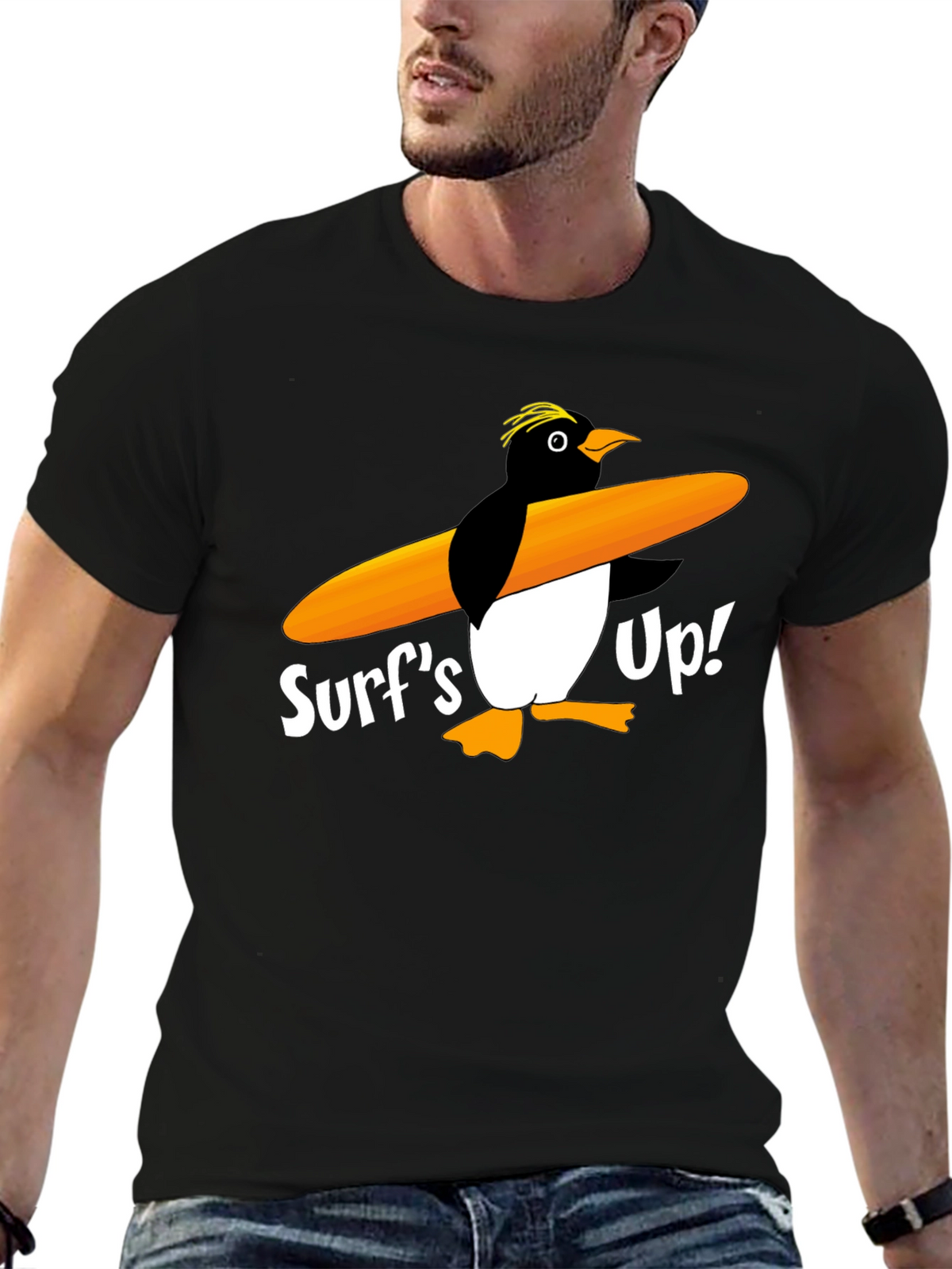 Surfs Up Penguin Graphic Tee - Black Cotton T-Shirt