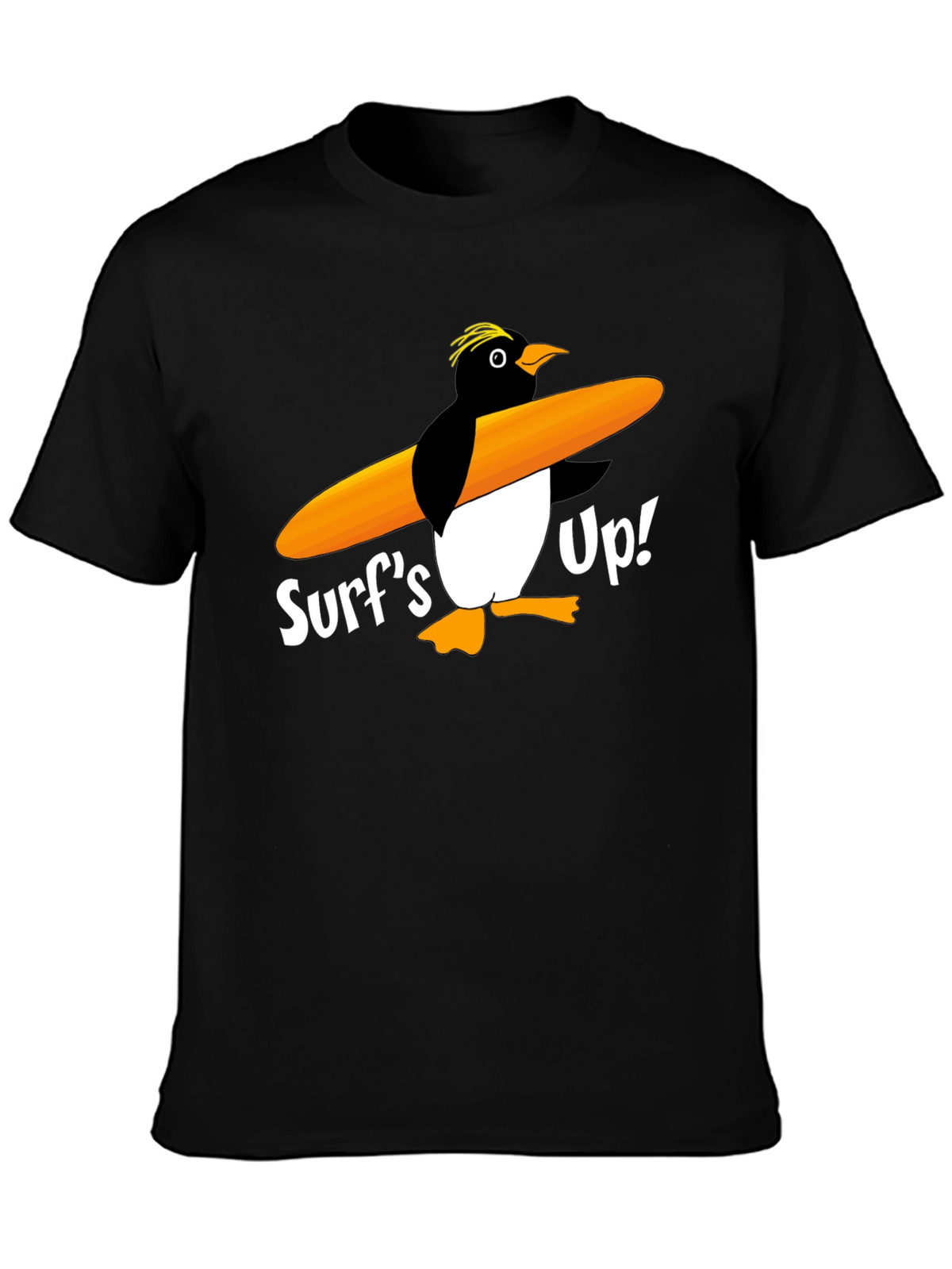 Surfs Up Penguin Graphic Tee - Black Cotton T-Shirt