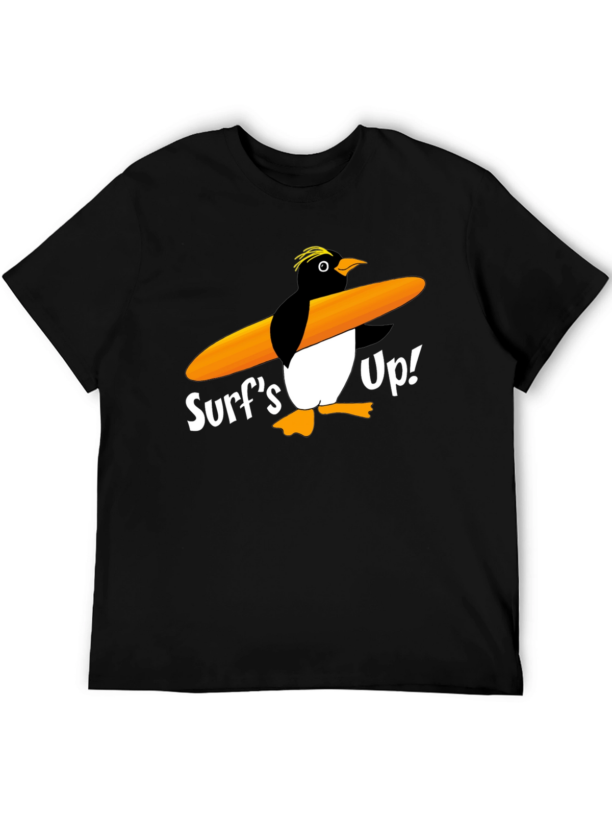 Surfs Up Penguin Graphic Tee - Black Cotton T-Shirt