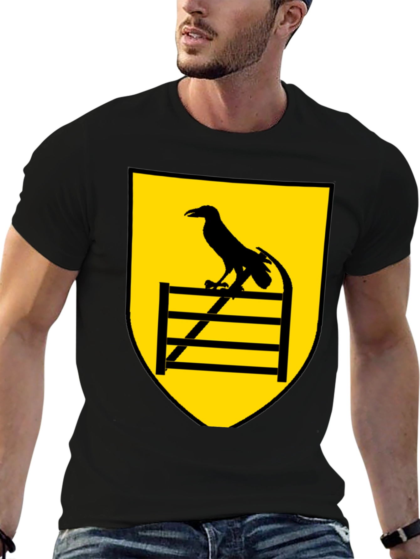 Raven Perched on Fence Black Tee