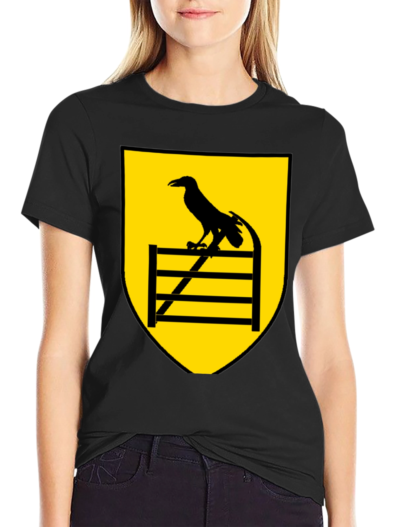 Raven Perched on Fence Black Tee
