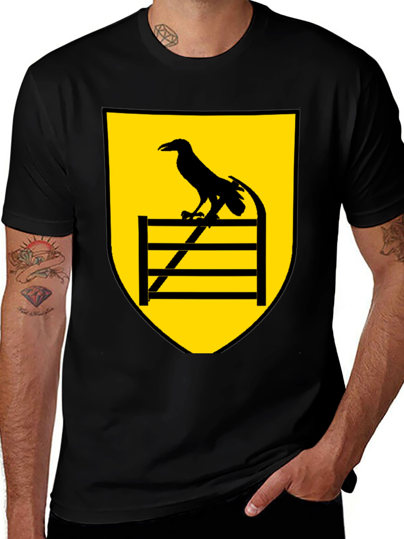 Raven Perched on Fence Black Tee