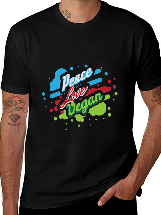 Peace Love Vegan T-Shirt -  Crew Neck Short Sleeve Black Cotton