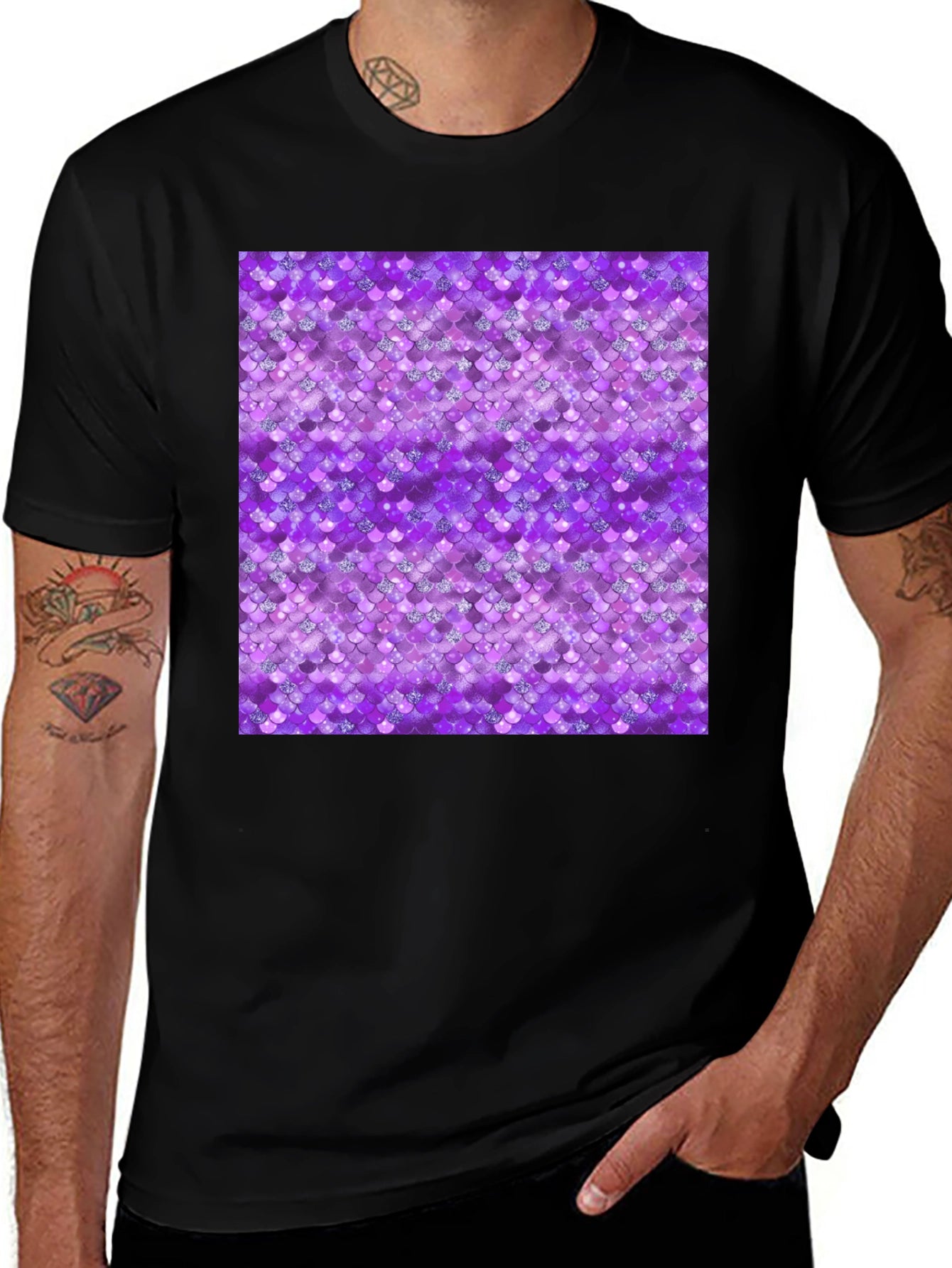 Purple Mermaid Scales Pattern Black T-Shirt