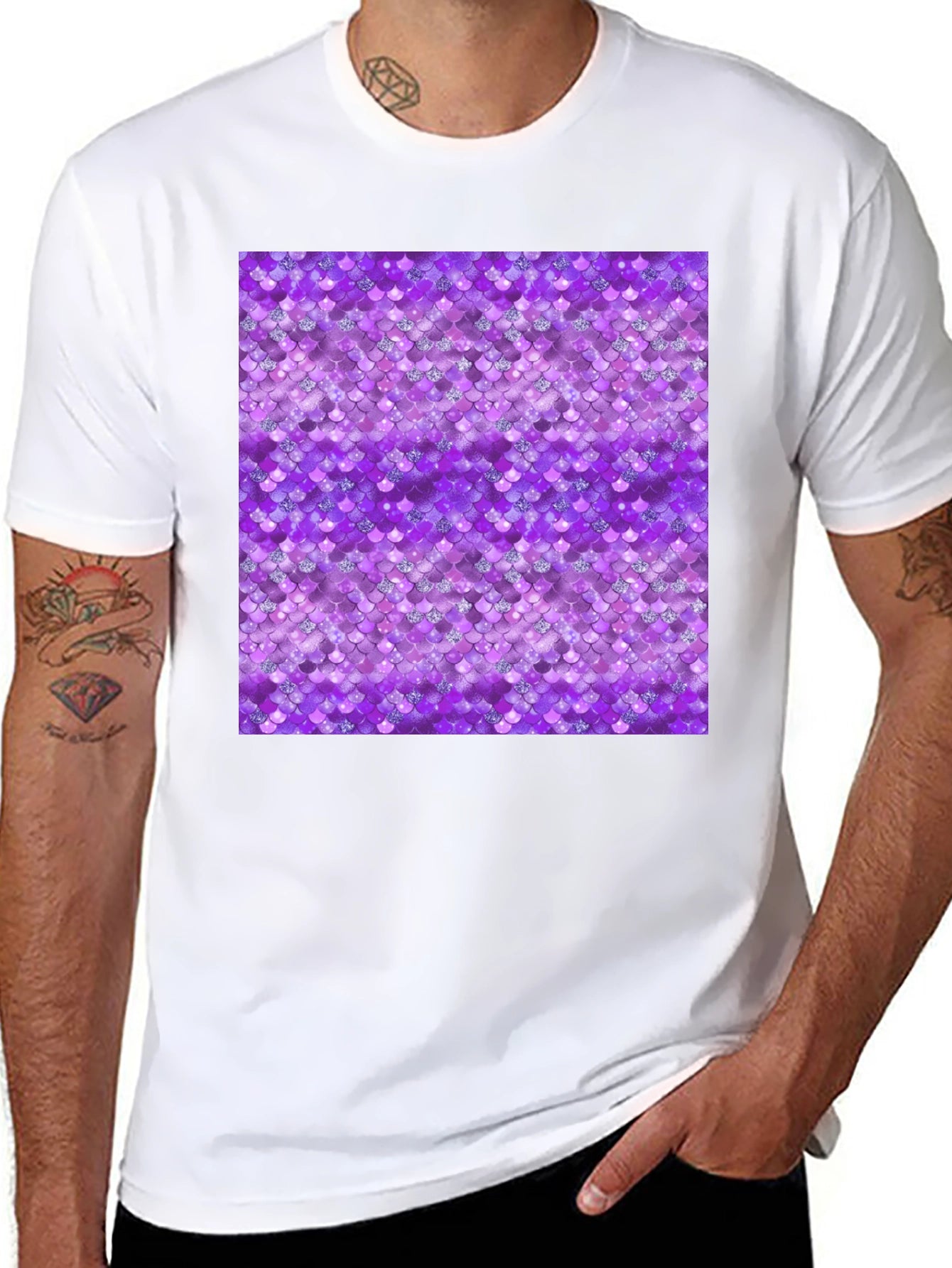 Purple Mermaid Scales Pattern Black T-Shirt