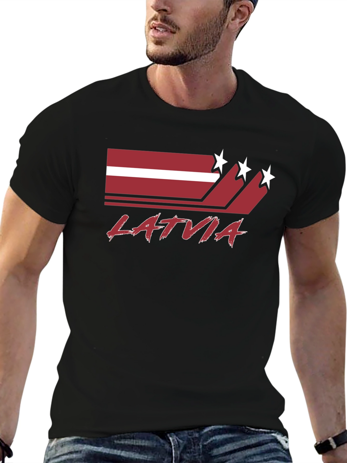 Latvia Flag Graphic Tee - Black Cotton T-Shirt