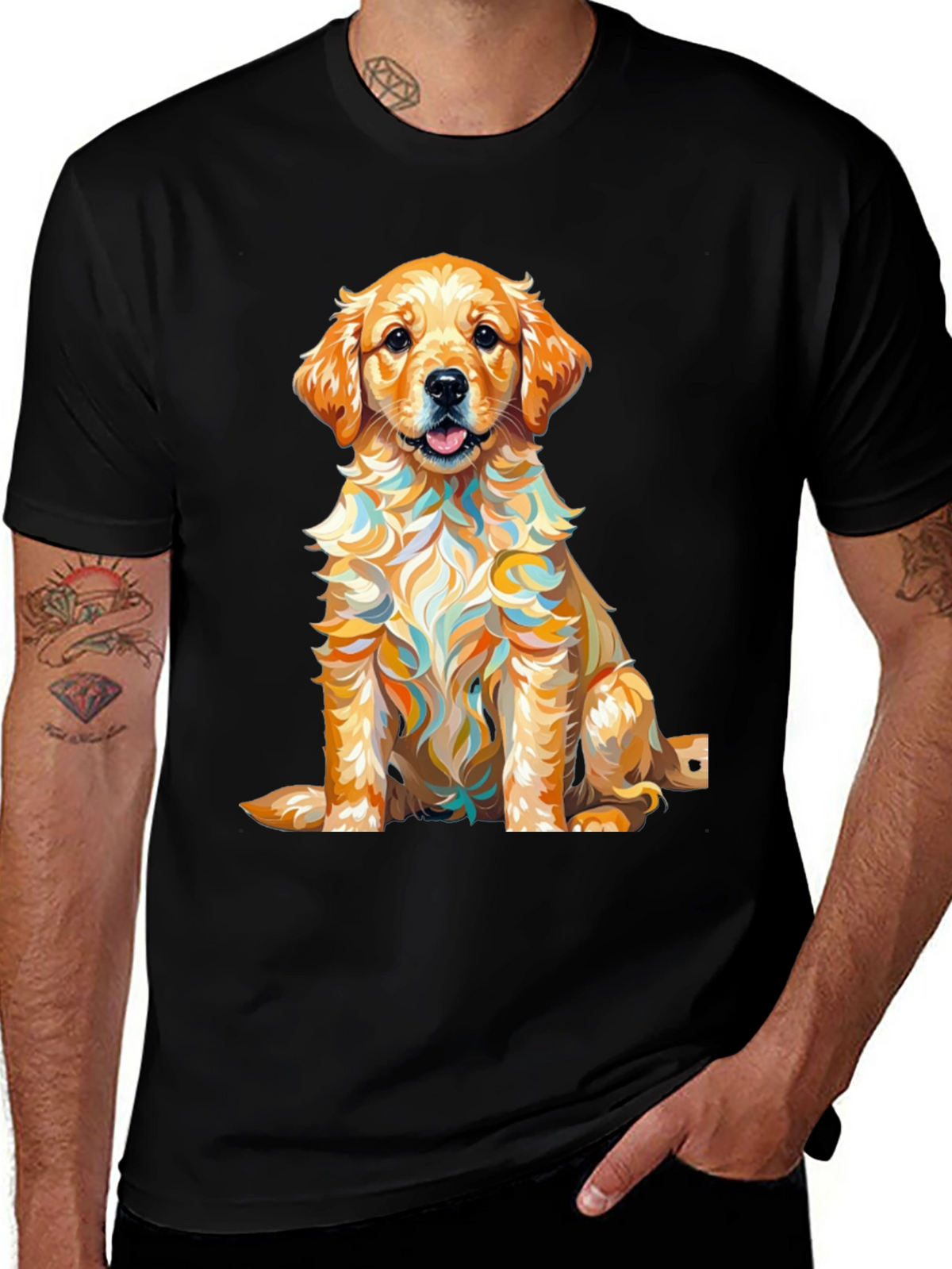 Golden Retriever Puppy Art Print Black T-Shirt