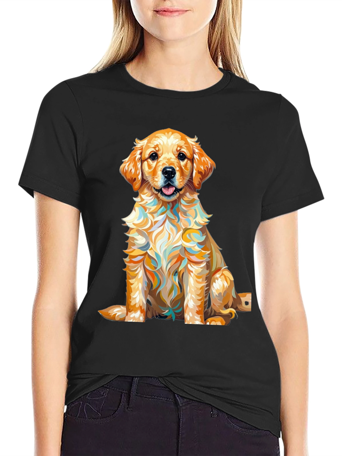 Golden Retriever Puppy Art Print Black T-Shirt