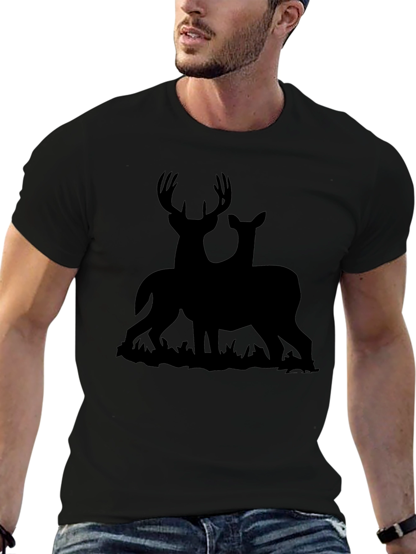 Deer Silhouette Graphic Tee - Black Cotton Blend