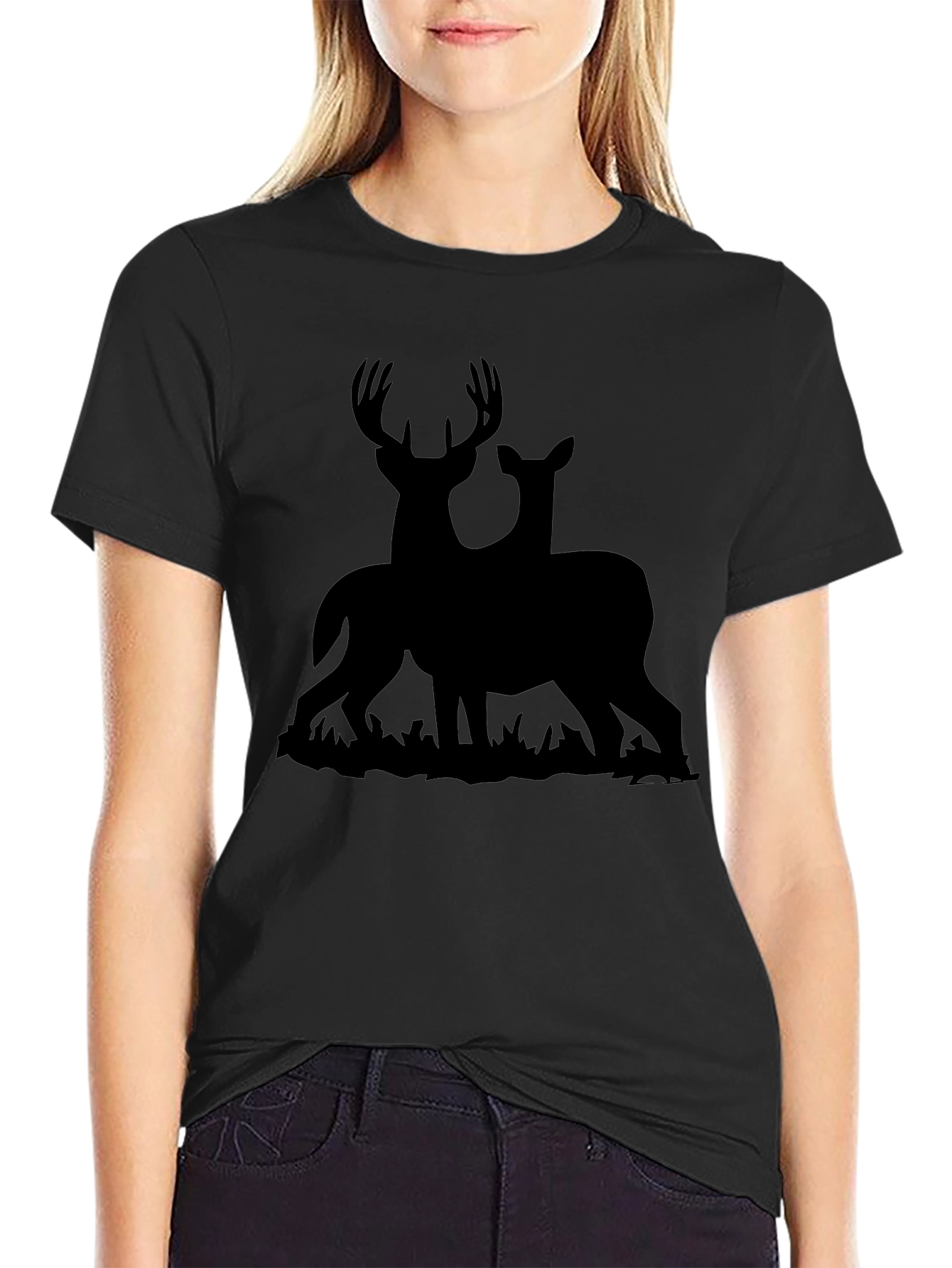 Deer Silhouette Graphic Tee - Black Cotton Blend