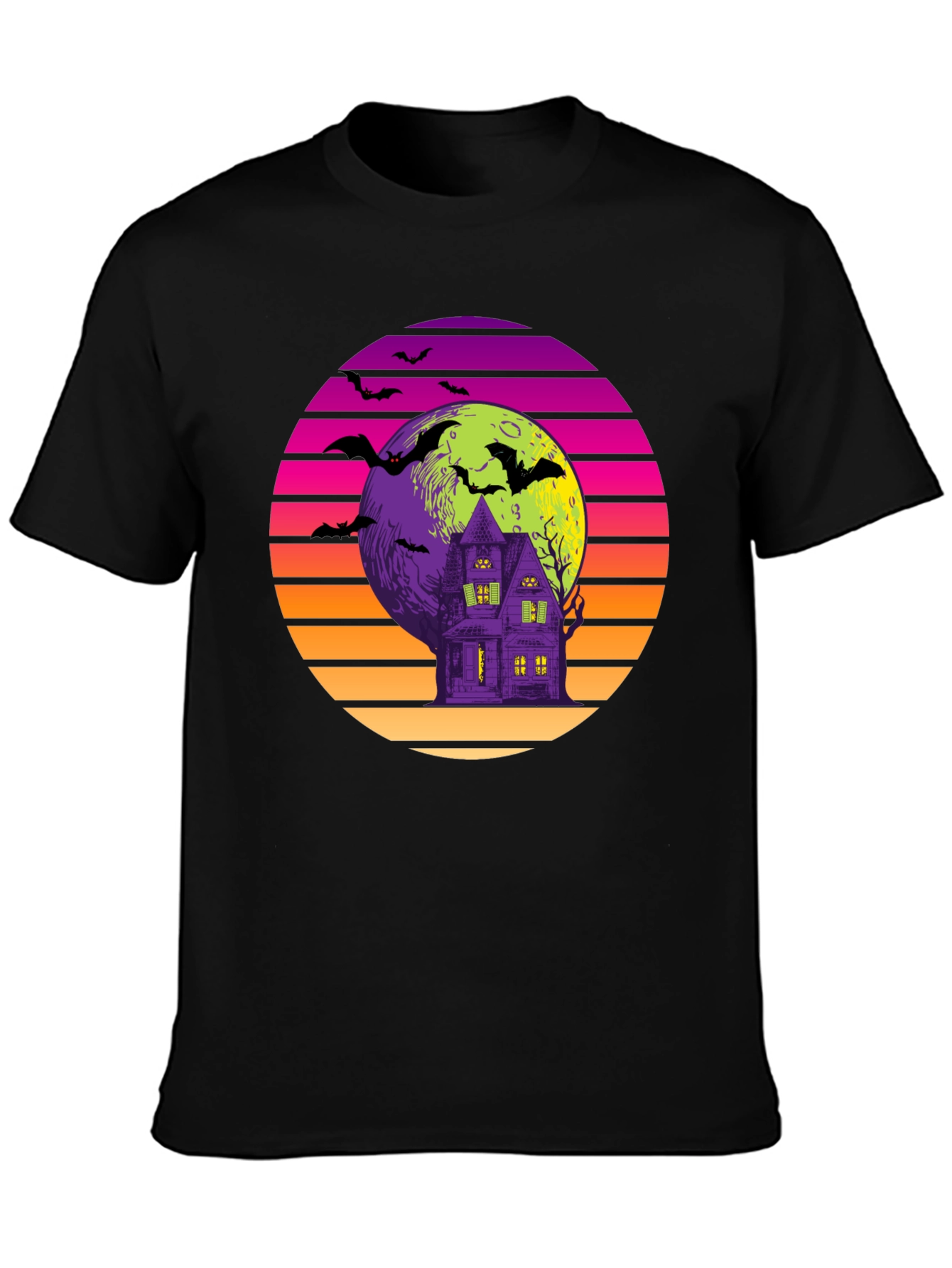 Retro Halloween T-Shirt: Haunted House Bats Moon