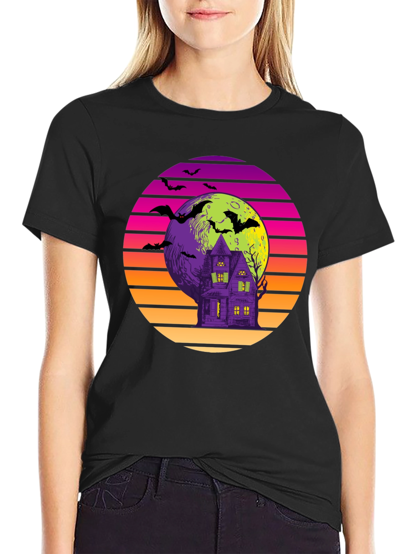 Retro Halloween T-Shirt: Haunted House Bats Moon