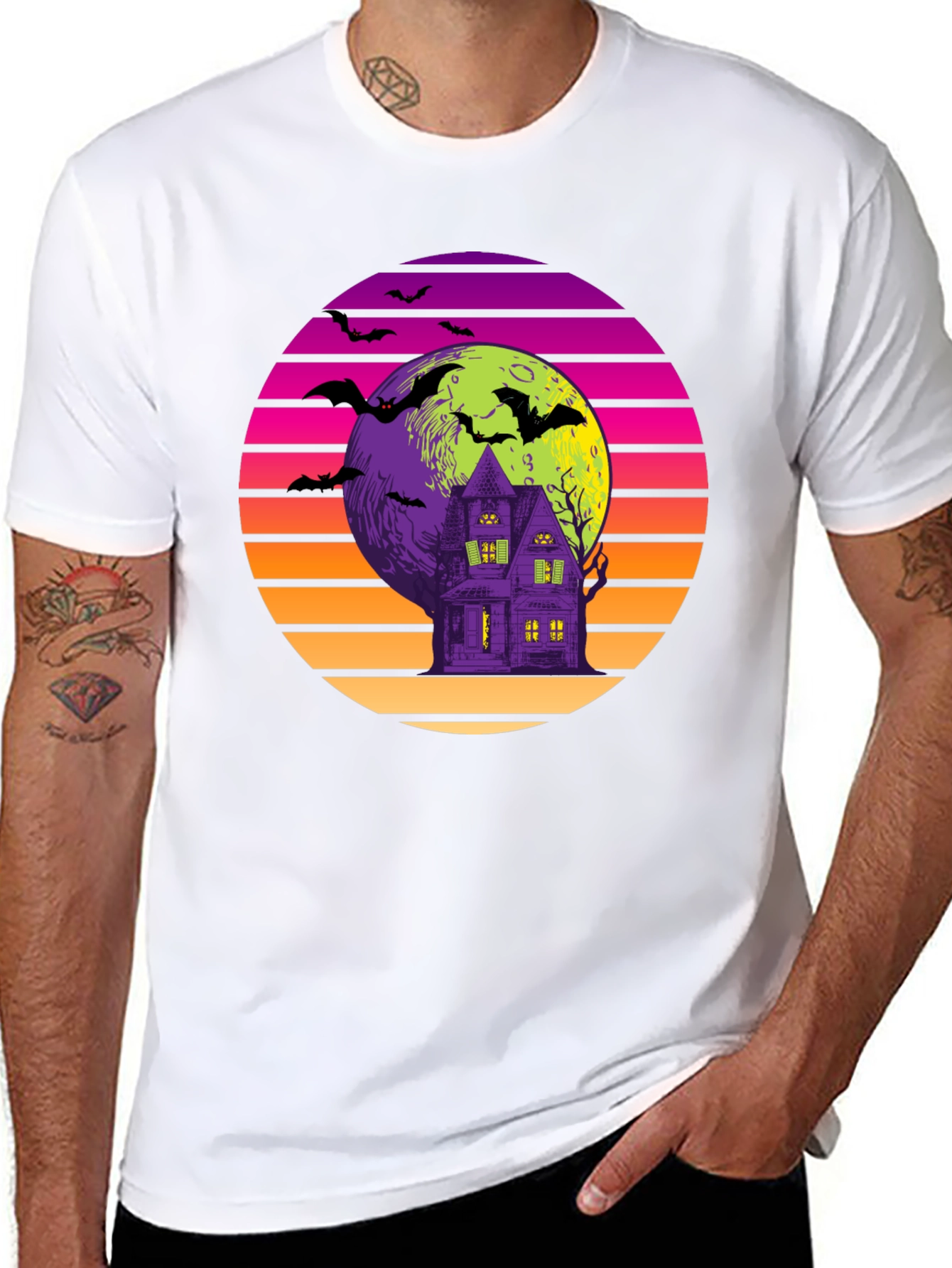 Retro Halloween T-Shirt: Haunted House Bats Moon