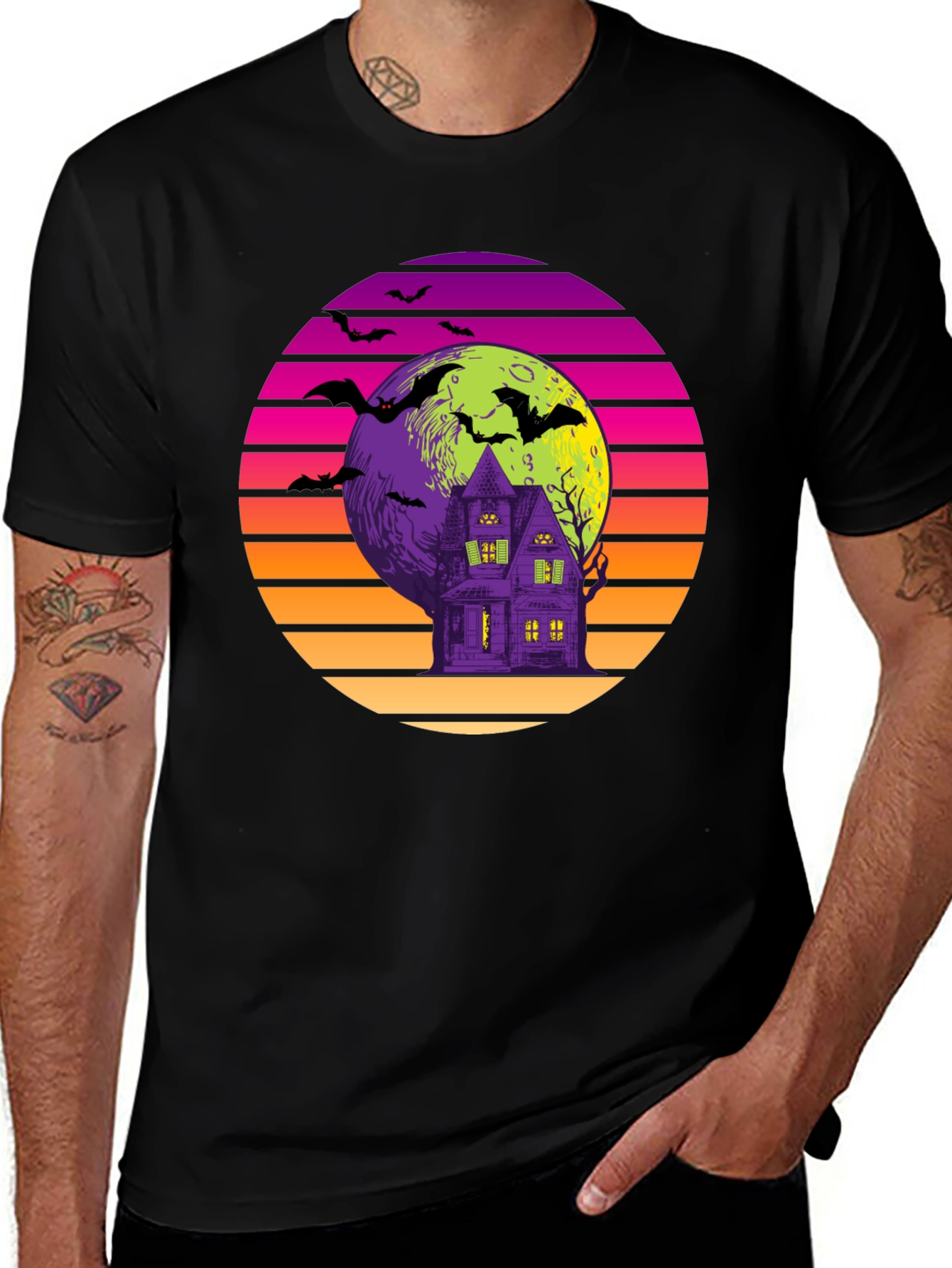 Retro Halloween T-Shirt: Haunted House Bats Moon