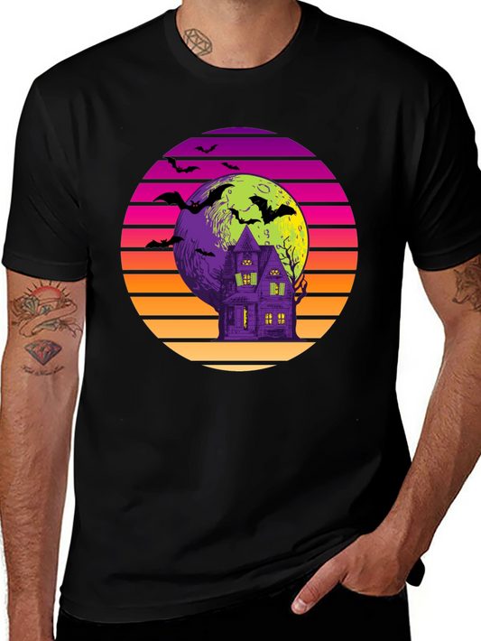 Retro Halloween T-Shirt: Haunted House Bats Moon