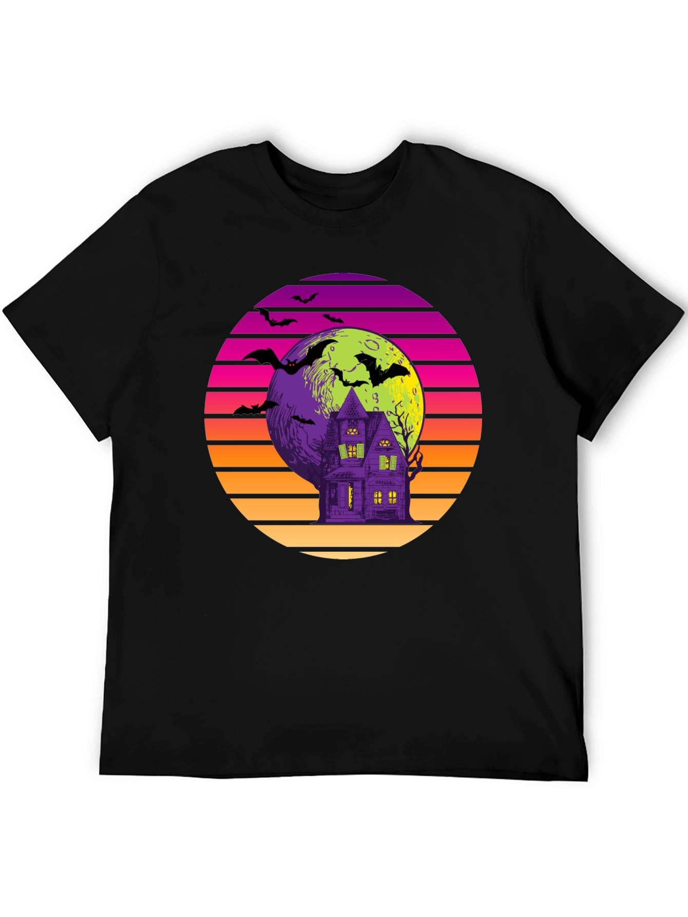 Retro Halloween T-Shirt: Haunted House Bats Moon