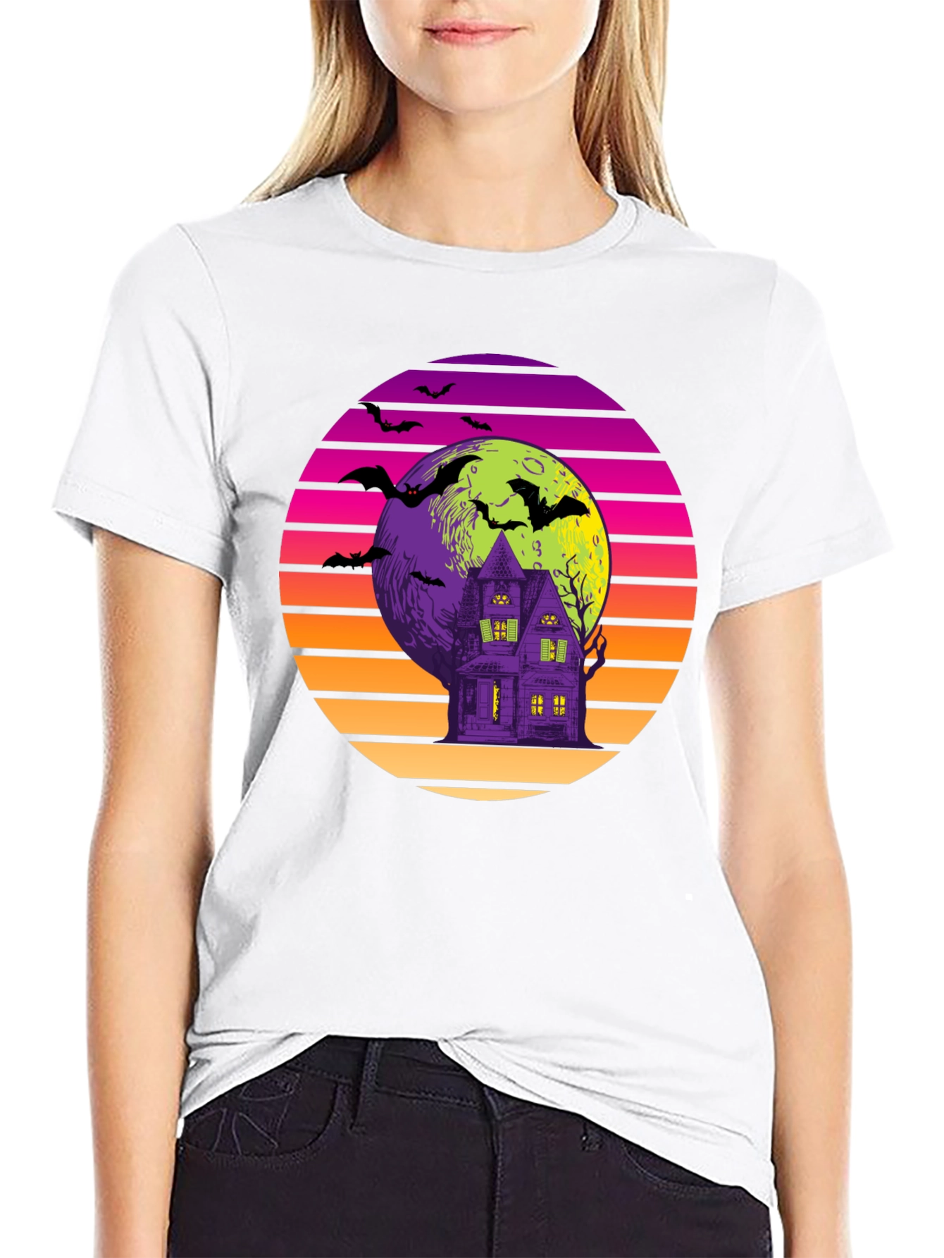 Retro Halloween T-Shirt: Haunted House Bats Moon
