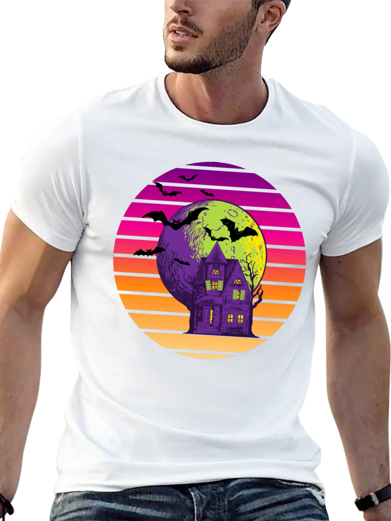 Retro Halloween T-Shirt: Haunted House Bats Moon