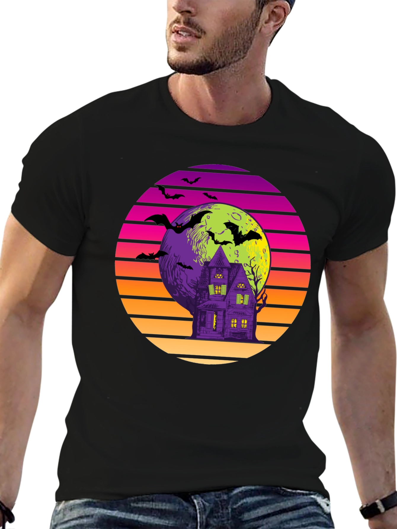 Retro Halloween T-Shirt: Haunted House Bats Moon