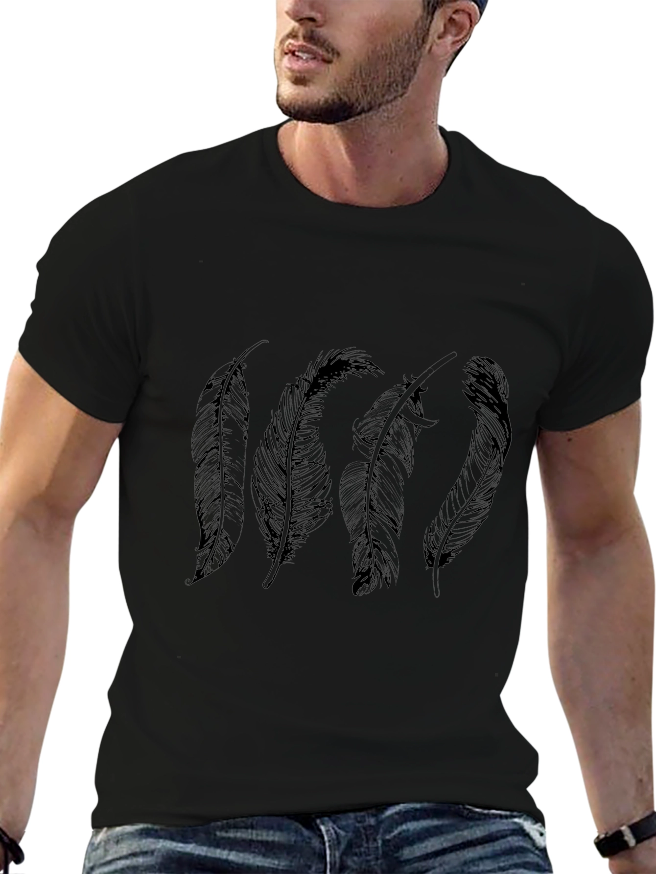 Feather Print Black T-Shirt