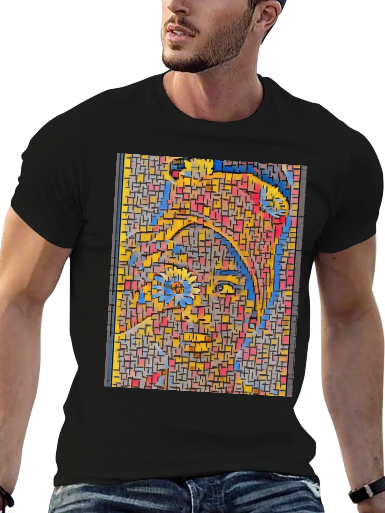 Abstract Mosaic Woman Graphic Print Black T-Shirt