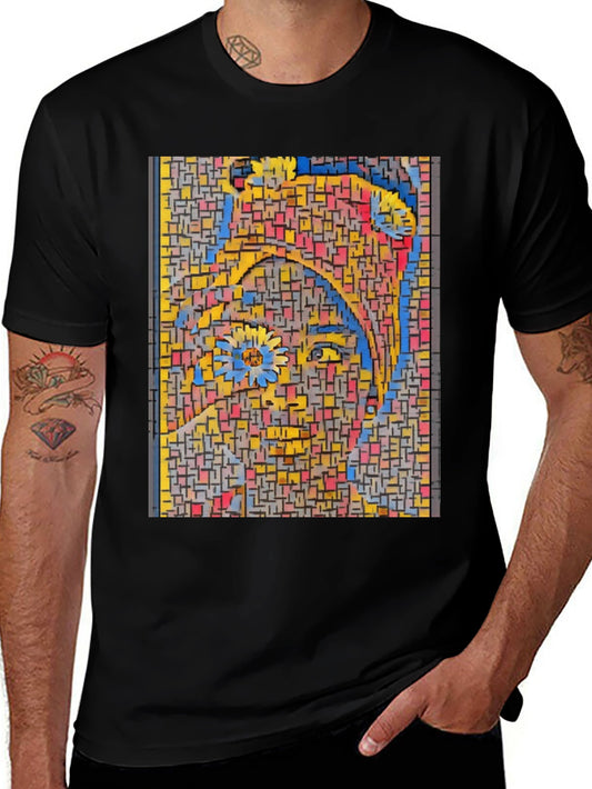 Abstract Mosaic Woman Graphic Print Black T-Shirt