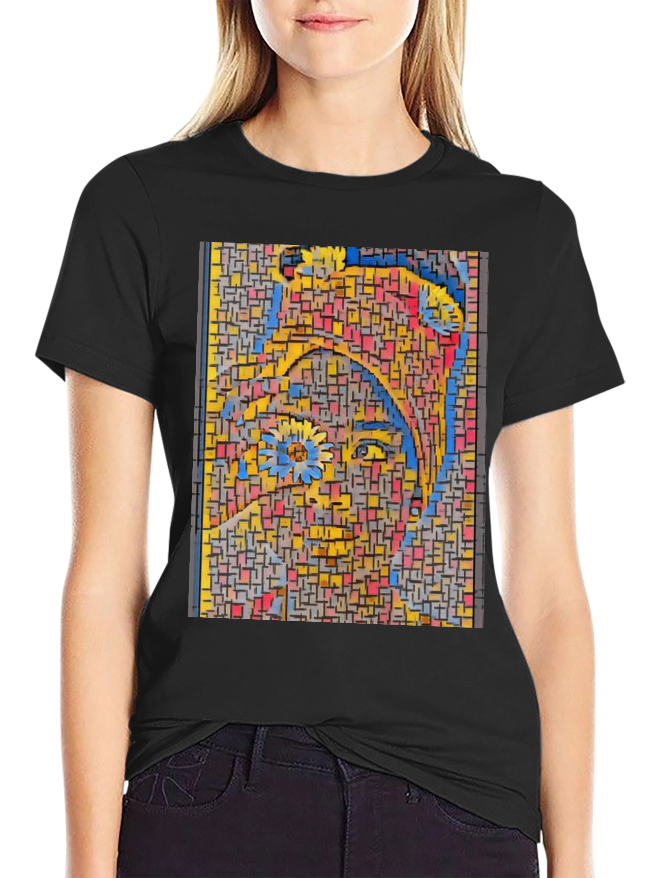 Abstract Mosaic Woman Graphic Print Black T-Shirt