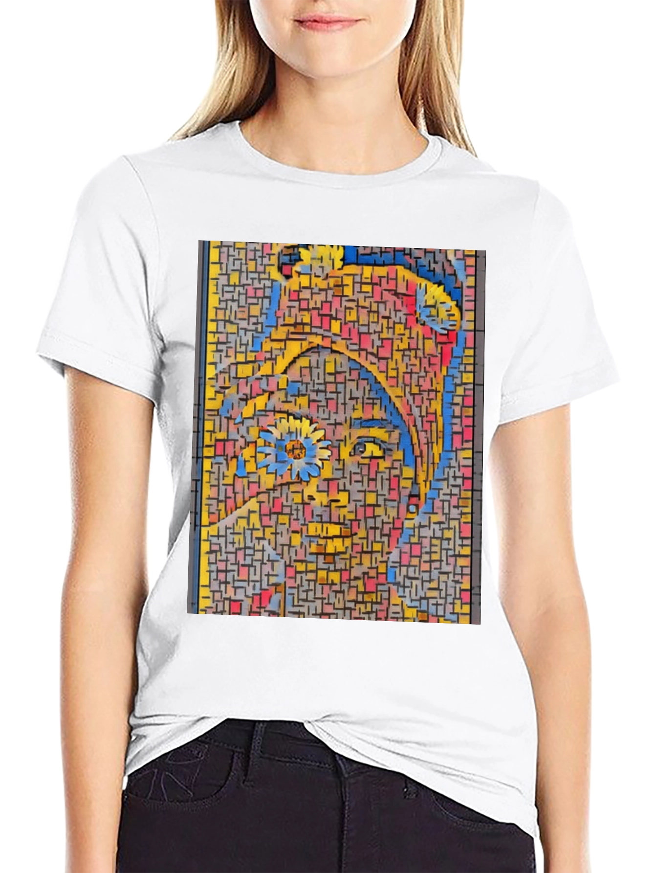 Abstract Mosaic Woman Graphic Print Black T-Shirt