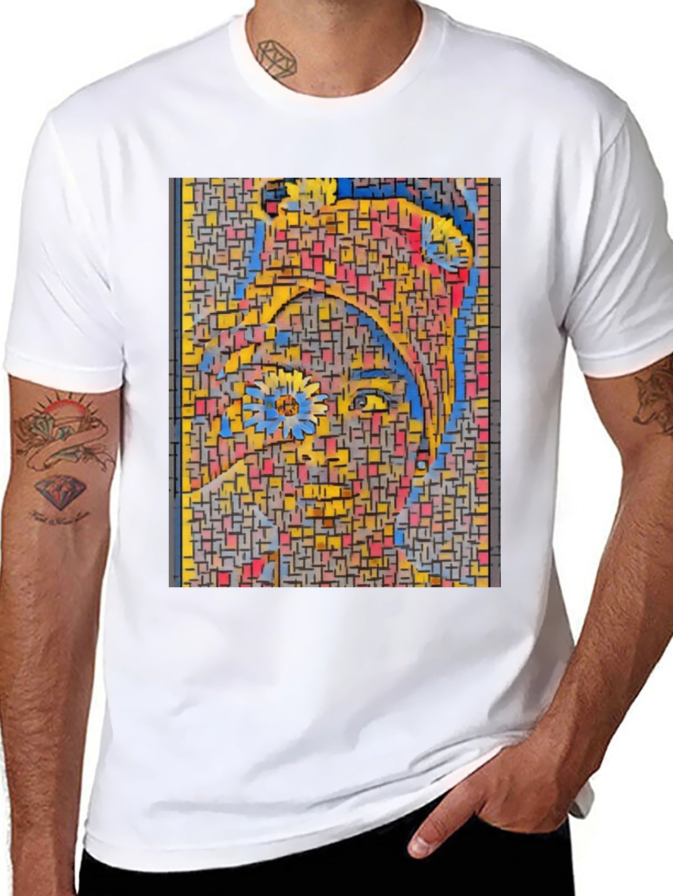Abstract Mosaic Woman Graphic Print Black T-Shirt