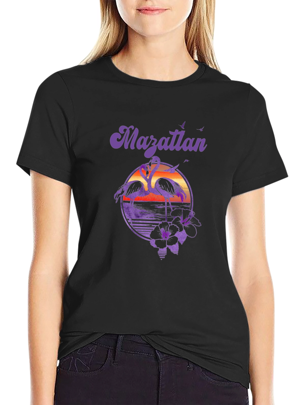 Mazatlan Flamingo Sunset Graphic Tee - Black