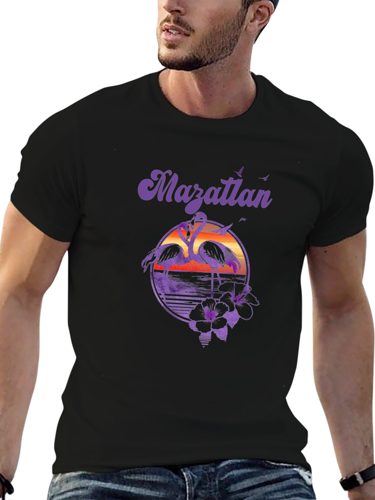 Mazatlan Flamingo Sunset Graphic Tee - Black