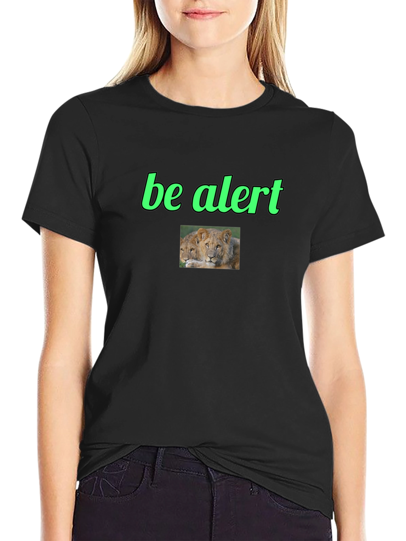 Be Alert Lion Graphic Black T-Shirt