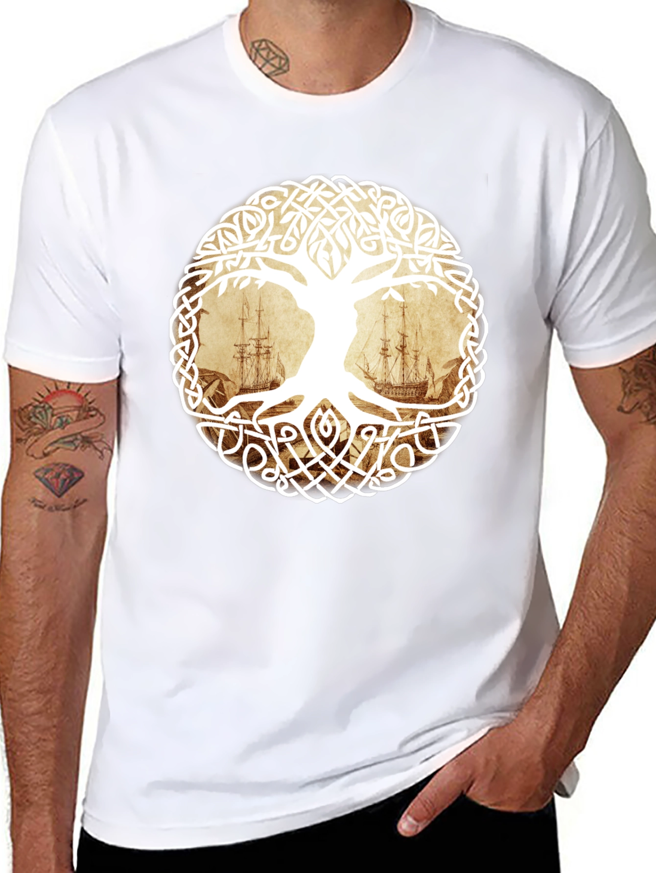 Celtic Tree of Life Pirate Ship Graphic T-Shirt