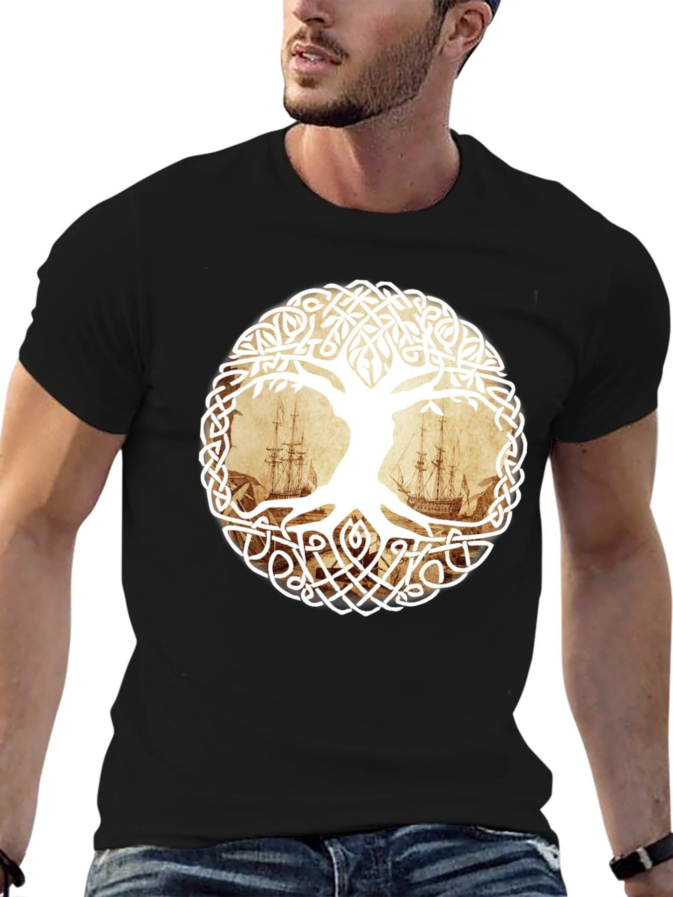 Celtic Tree of Life Pirate Ship Graphic T-Shirt