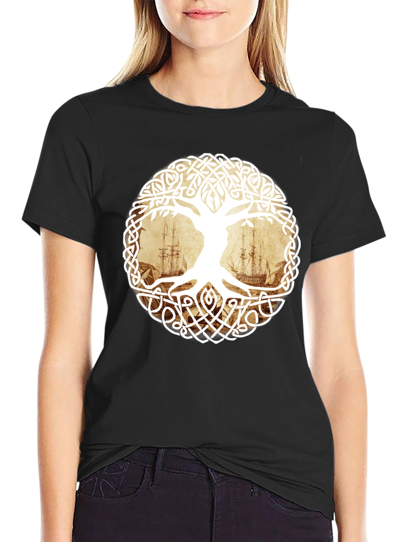 Celtic Tree of Life Pirate Ship Graphic T-Shirt