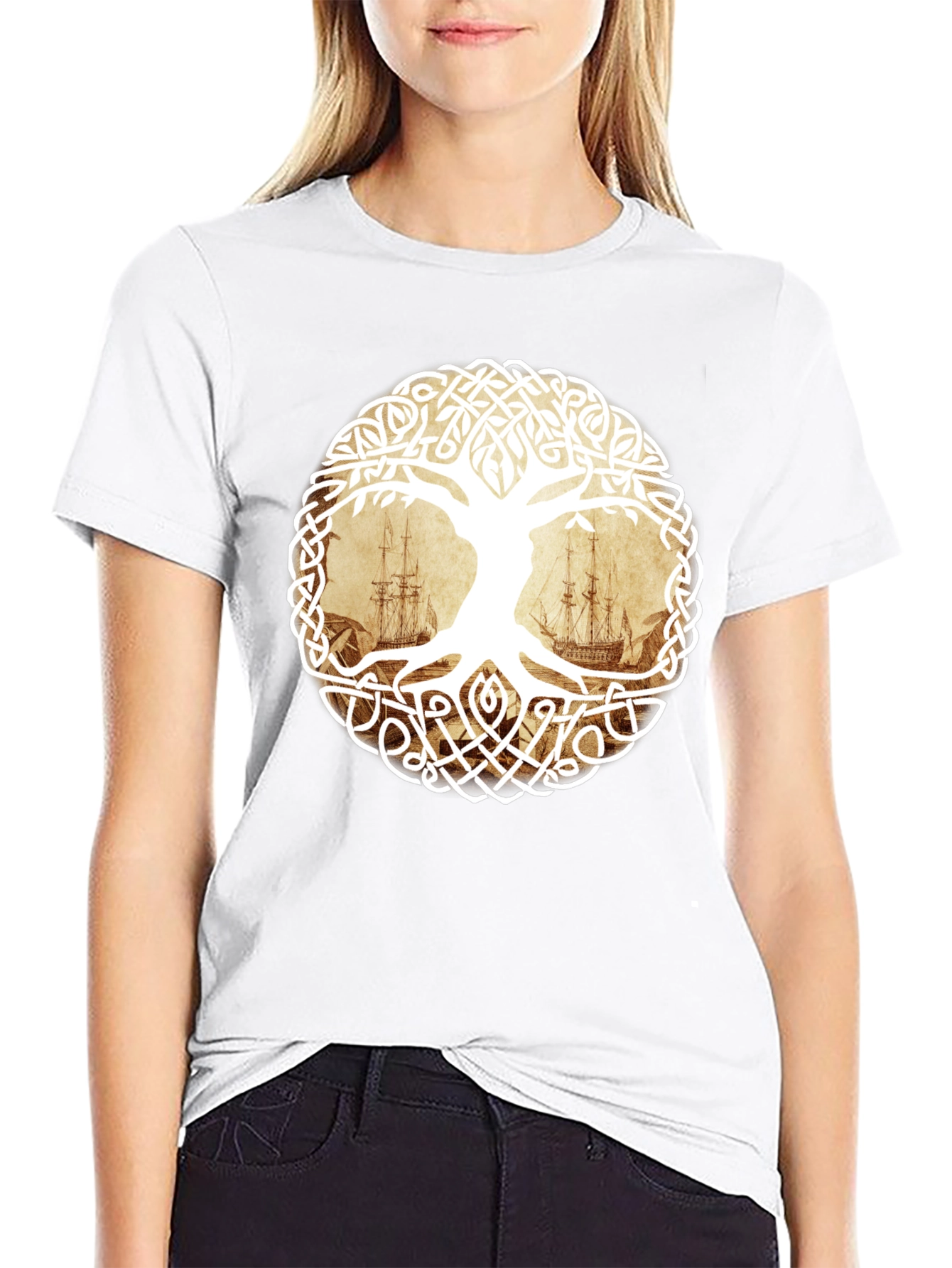 Celtic Tree of Life Pirate Ship Graphic T-Shirt