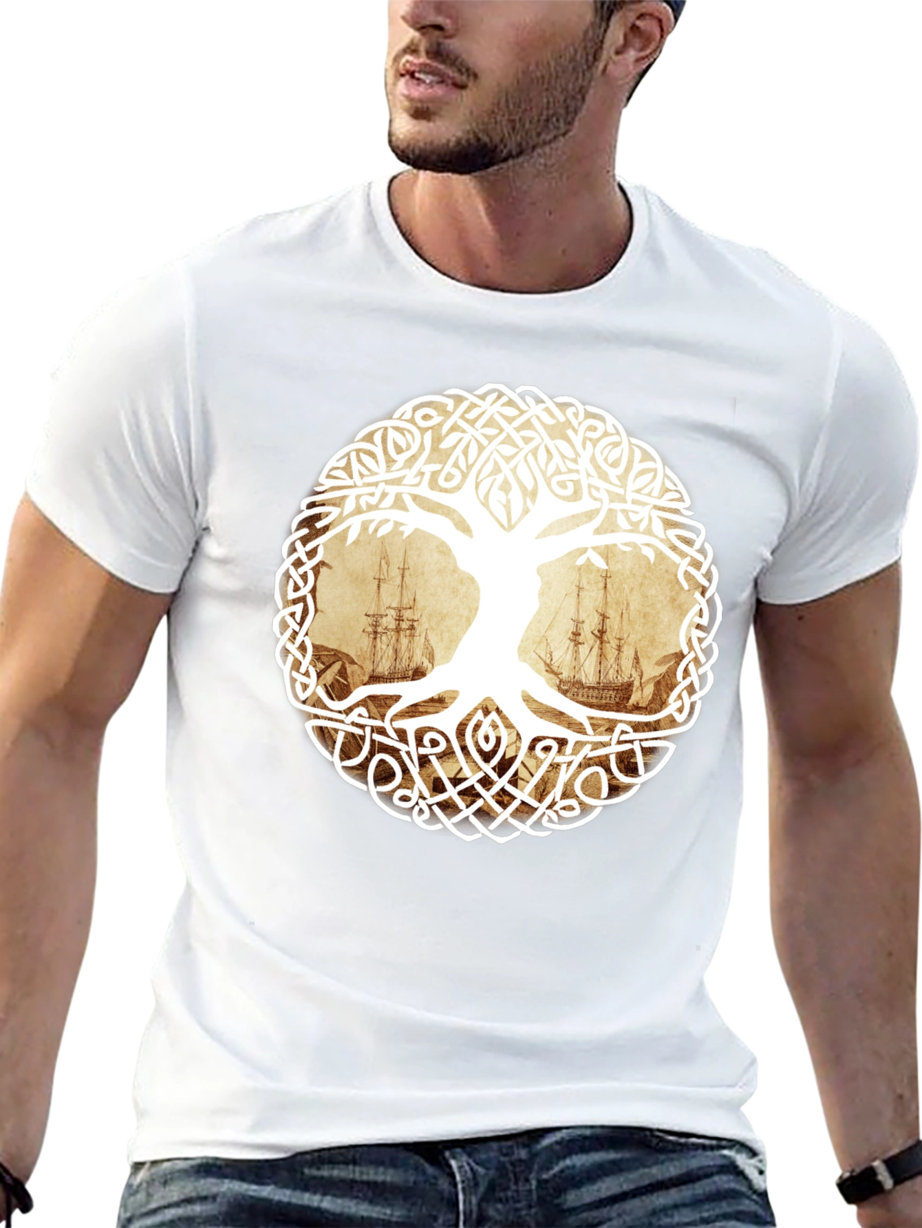 Celtic Tree of Life Pirate Ship Graphic T-Shirt