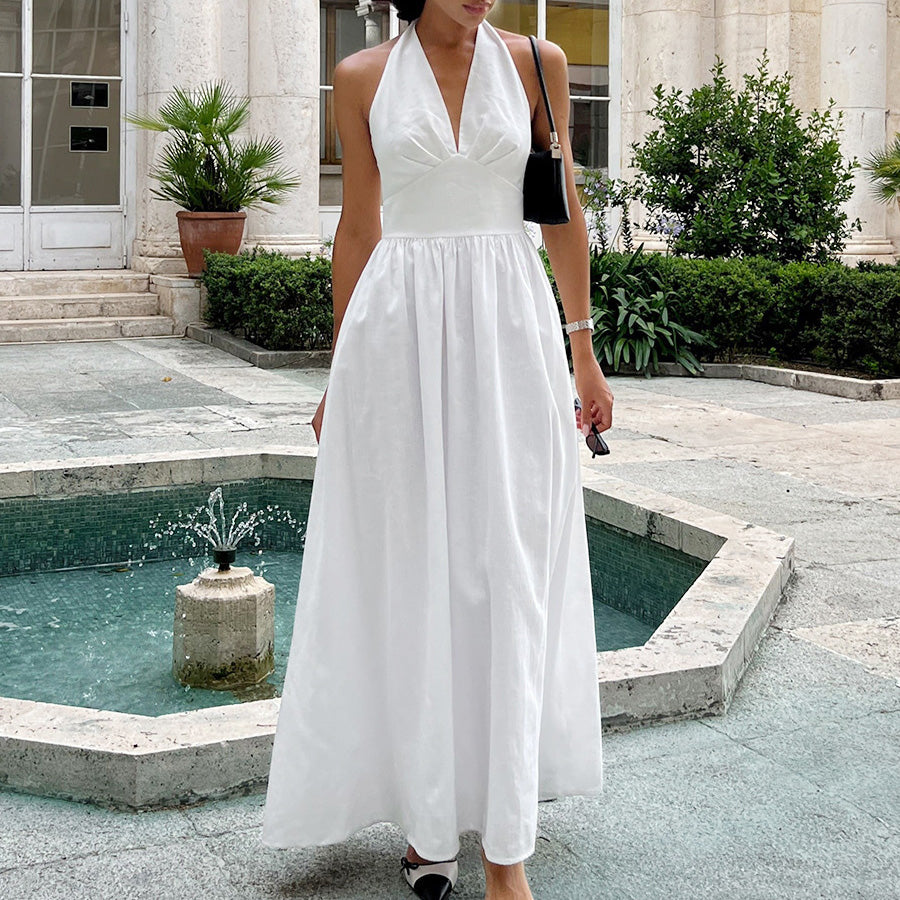 Women's Solid Color Cotton and Halter-Neck V-Neck Tight Waist Strap A-Line Dress